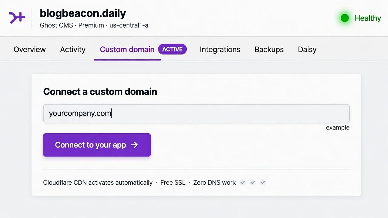 Leapjuice dashboard showing the Custom domain tab with the domain input field and the purple Connect to your app button