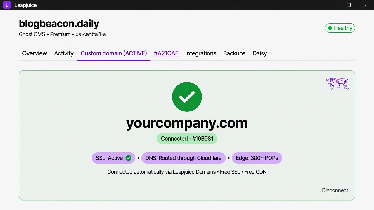 Leapjuice dashboard showing the Connected state with green checkmark, Connected pill, and status badges for SSL, Cloudflare DNS, and edge POPs